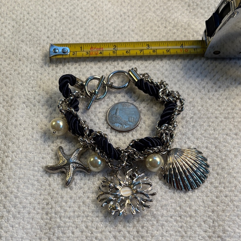 Silver Toned Blue Nylon Rope Charm Bracelet with Nautical and Pearl Accents